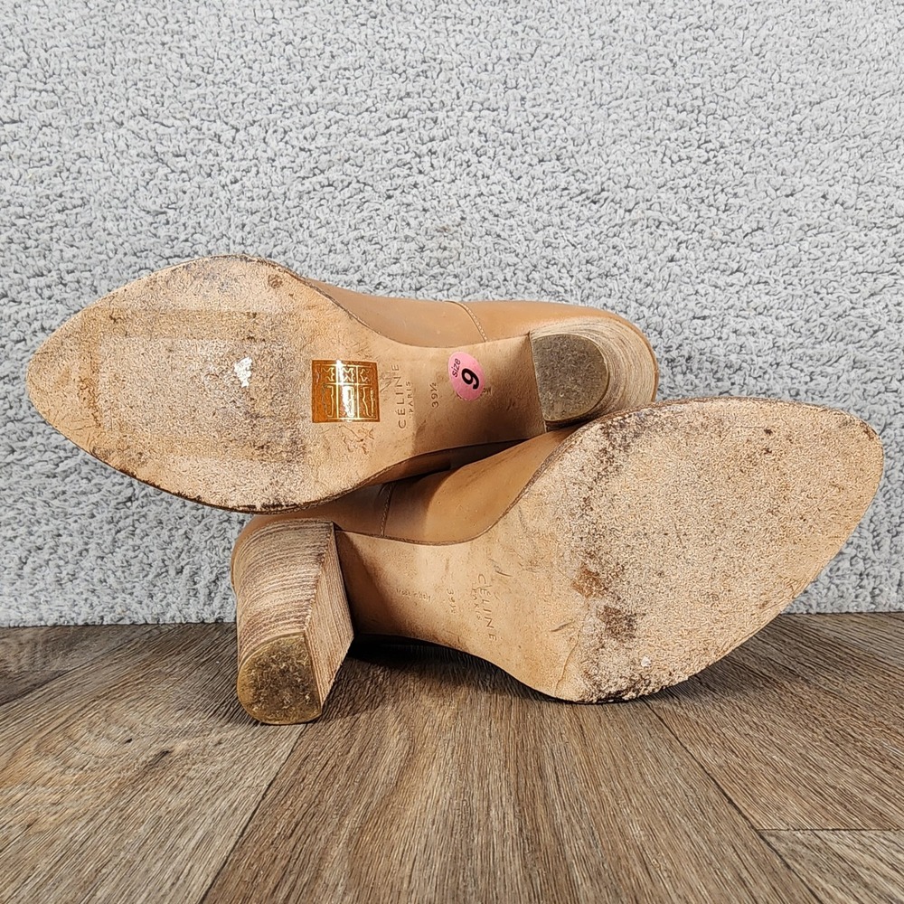 CELINE PARIS Women's Size 39.5 Tan Leather Chunky Heel Pumps Made in Italy - Picture 10 of 11